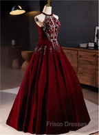 A-Line Wine Red Velvet Beaded Party Dress, Wine Red Long Formal Prom Dress