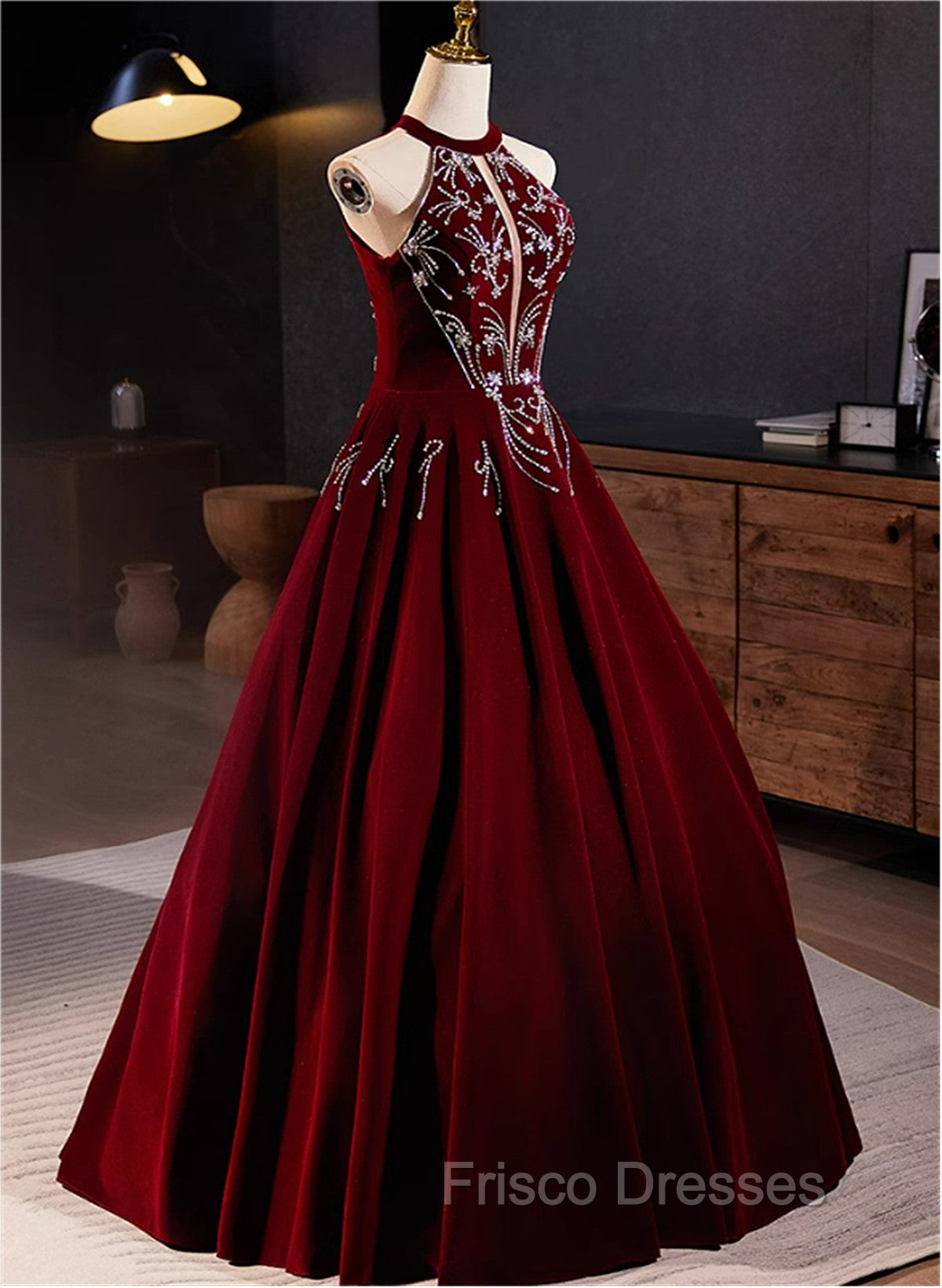 A-Line Wine Red Velvet Beaded Party Dress, Wine Red Long Formal Prom Dress