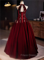A-Line Wine Red Velvet Beaded Party Dress, Wine Red Long Formal Prom Dress