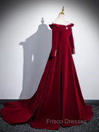 A-line Wine Red Velvet Long Sleeves Low Back Formal Prom Dress, Wine Red Party Dress