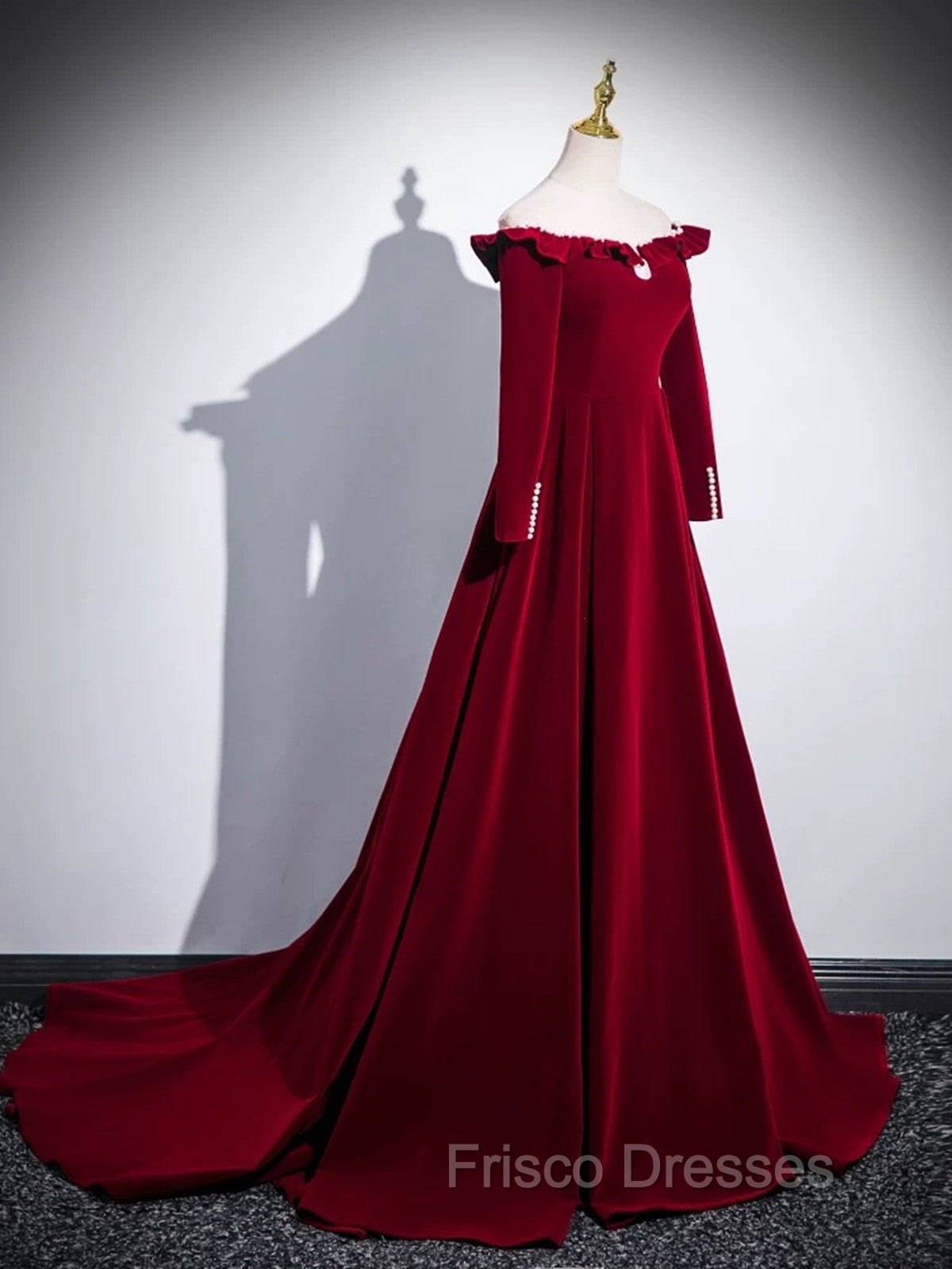 A-line Wine Red Velvet Long Sleeves Low Back Formal Prom Dress, Wine Red Party Dress