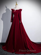 A-line Wine Red Velvet Long Sleeves Low Back Formal Prom Dress, Wine Red Party Dress