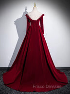 A-line Wine Red Velvet Long Sleeves Low Back Formal Prom Dress, Wine Red Party Dress