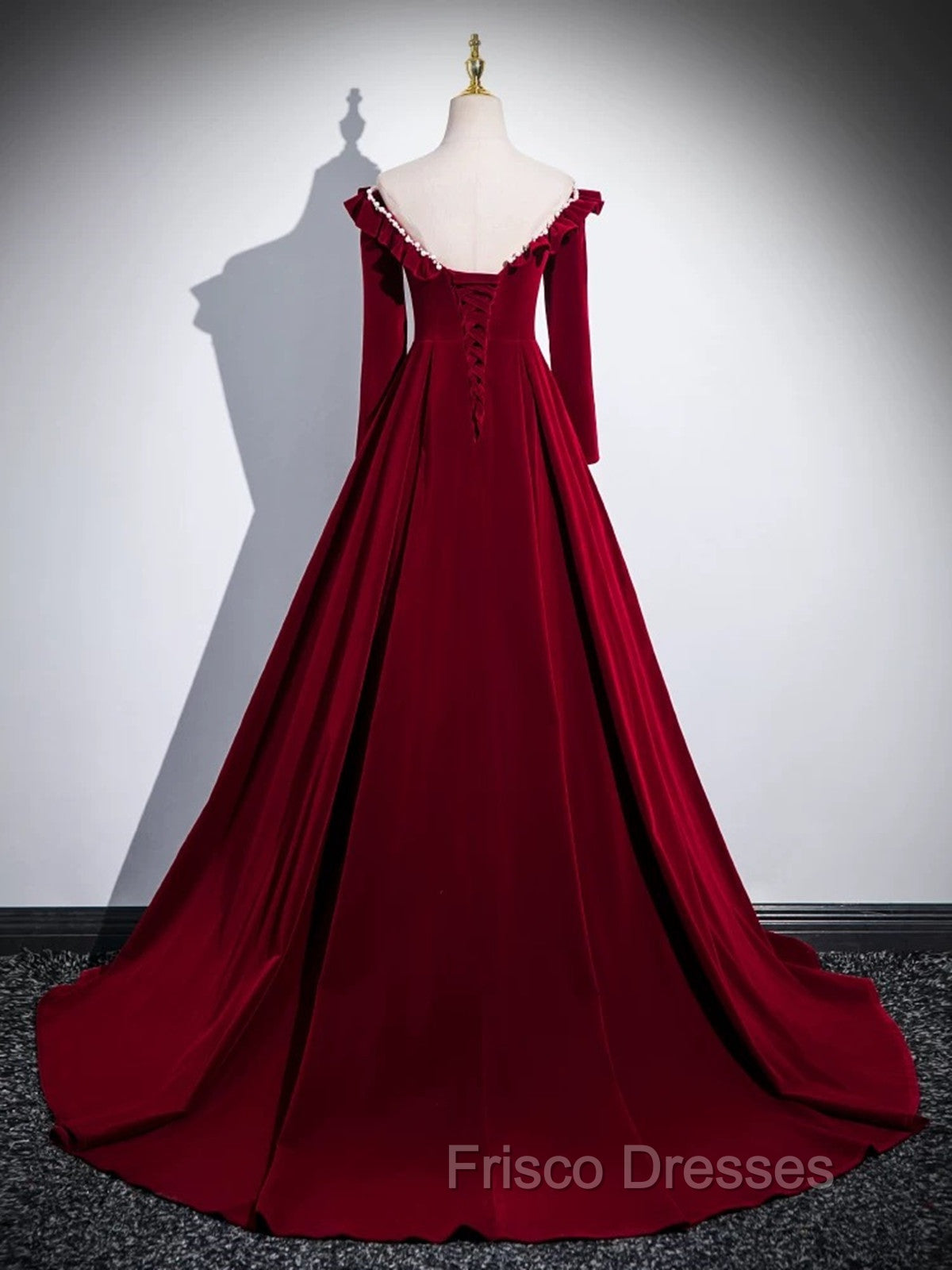 A-line Wine Red Velvet Long Sleeves Low Back Formal Prom Dress, Wine Red Party Dress