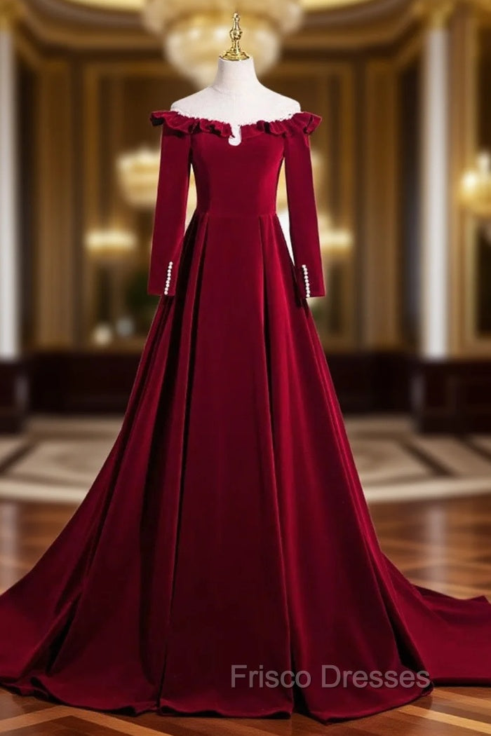 A-line Wine Red Velvet Long Sleeves Low Back Formal Prom Dress, Wine Red Party Dress