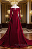 A-line Wine Red Velvet Long Sleeves Low Back Formal Prom Dress, Wine Red Party Dress