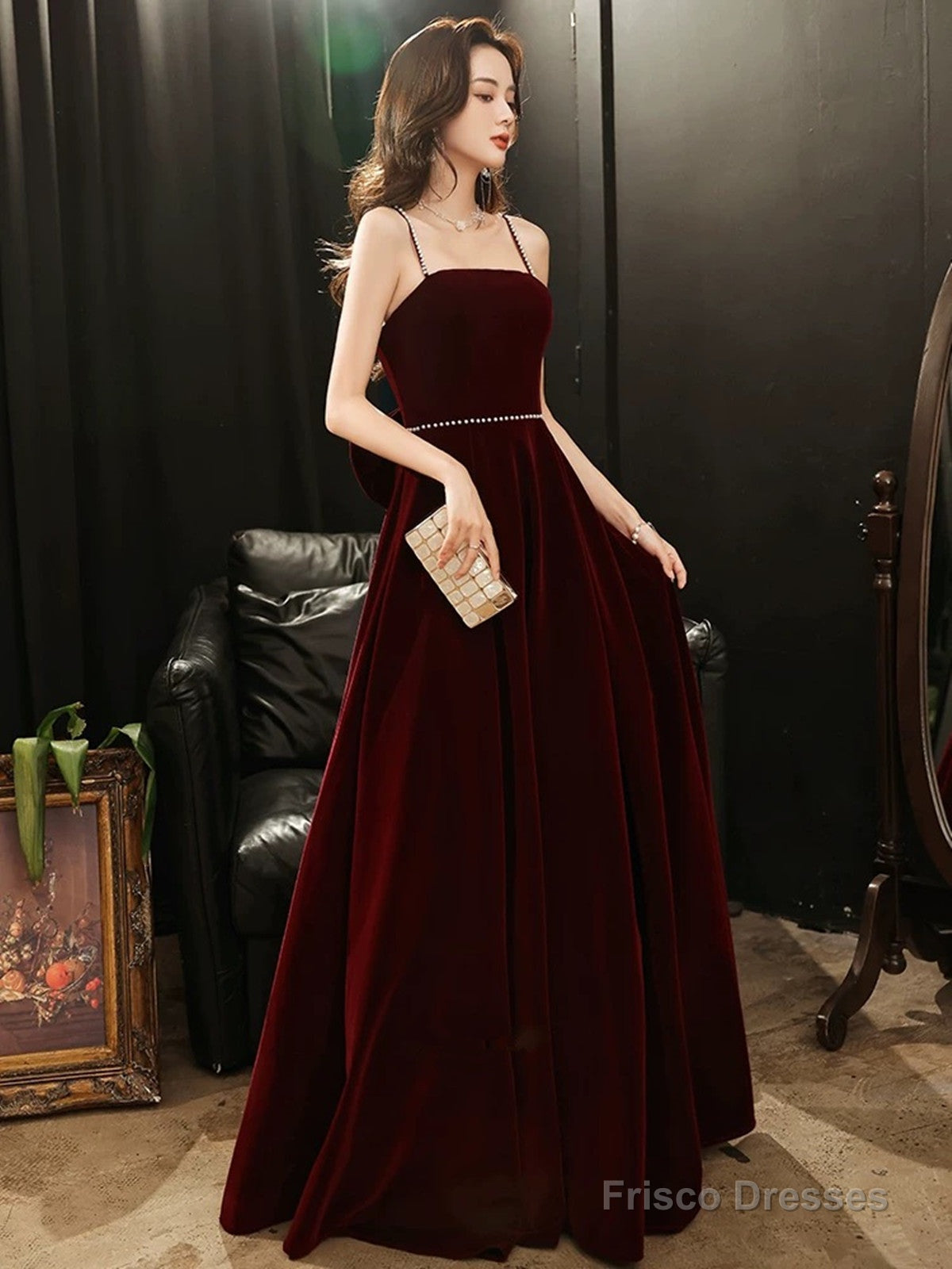 A-line Wine Red Velvet Straps Long Party Dress, Wine Red Velvet Prom Dress Main image