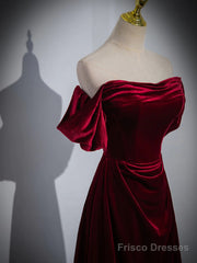 A-Line Wine Red Velvet Sweetheart Wedding Party Dress, Wine Red Velvet Prom Dress