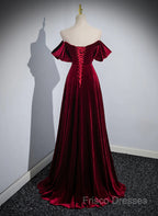 A-Line Wine Red Velvet Sweetheart Wedding Party Dress, Wine Red Velvet Formal Prom Dress