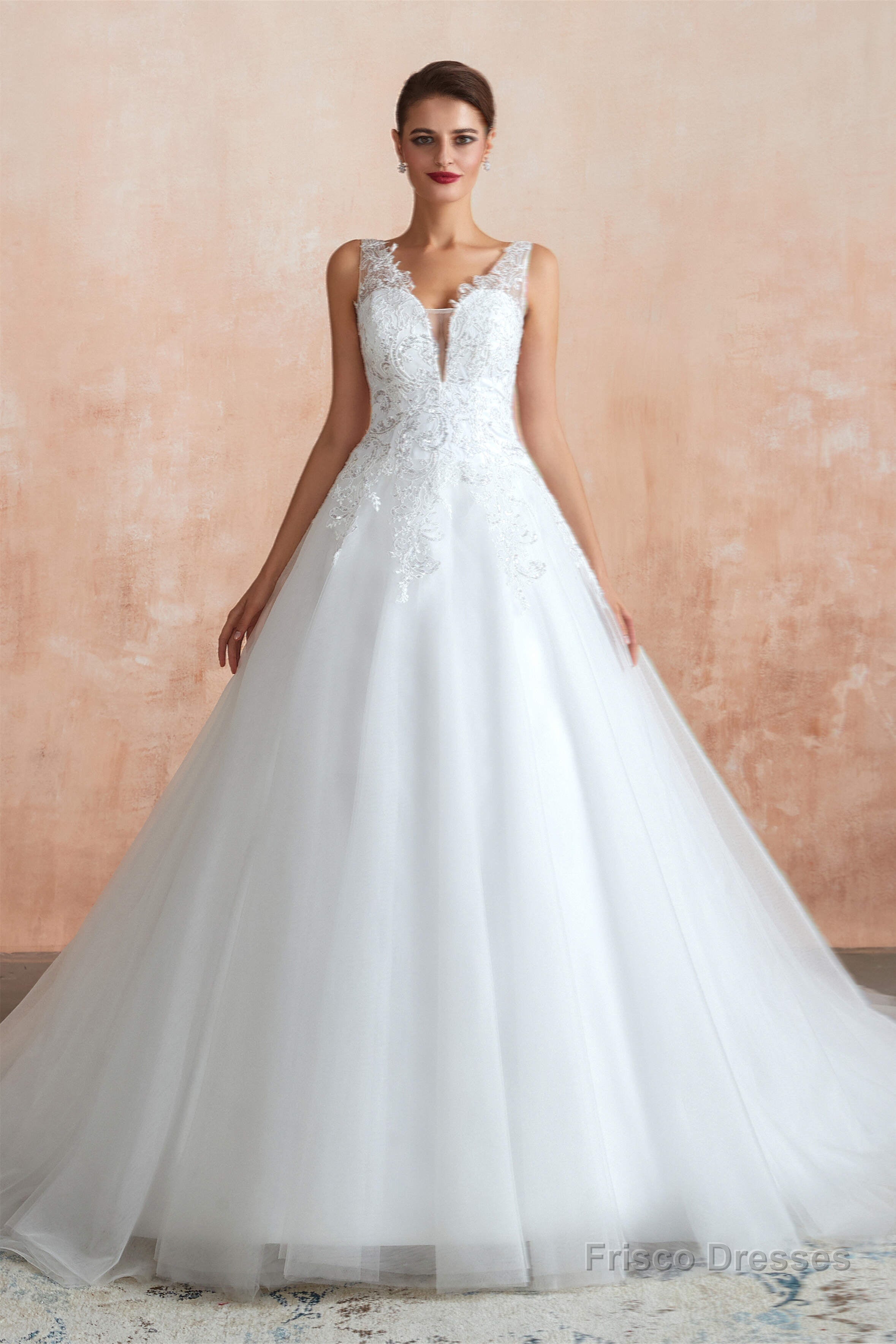 A-line with Sequined Appliques Tulle Illusion Back Wedding Dresses Main image