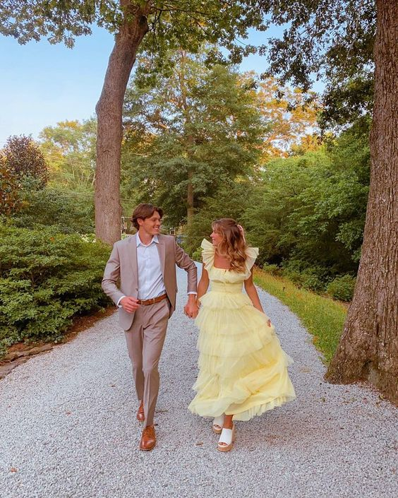 Yellow Fashion Square Neck A-Line Multi-Layered Long Tulle Ball Gown Evening Dress
