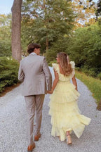 Yellow Fashion Square Neck A-Line Multi-Layered Long Tulle Ball Gown Evening Dress
