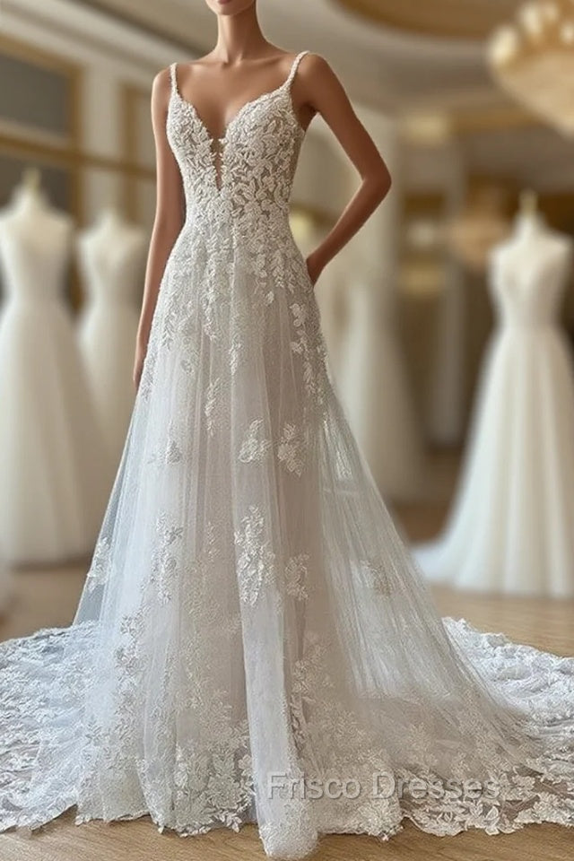 A-Lineprincess Lace Applique V-Neck Sleeveless And Floor Length Wedding Dress Main image
