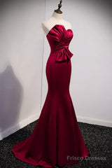 A Noble And Minimalist Wine Red Sleeveless Off Shoulder Ball Dress With Wine Red Strapless Backless Straps And Ground Length Fishtail Evening Dress