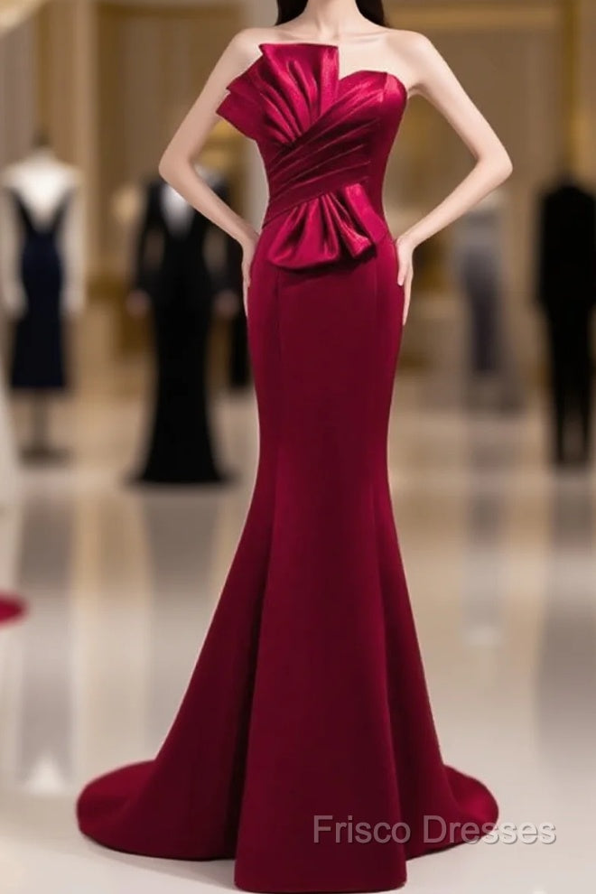 A Noble And Minimalist Wine Red Sleeveless Off Shoulder Ball Dress With Wine Red Strapless Backless Straps And Ground Length Fishtail Formal Dress