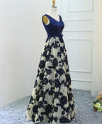 Stylish Dark Blue A Line V Neck Long Formal Prom Dress, Dark Blue Evening Dress