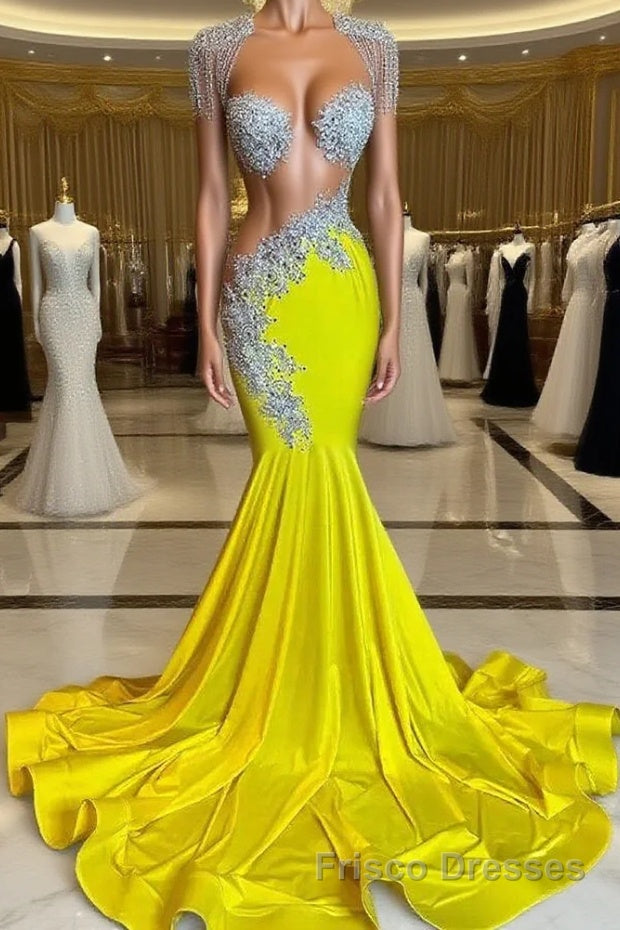 Yellow Scoop Formal Prom Dresses with Beadings and Tassels - Mermaid Long Main image