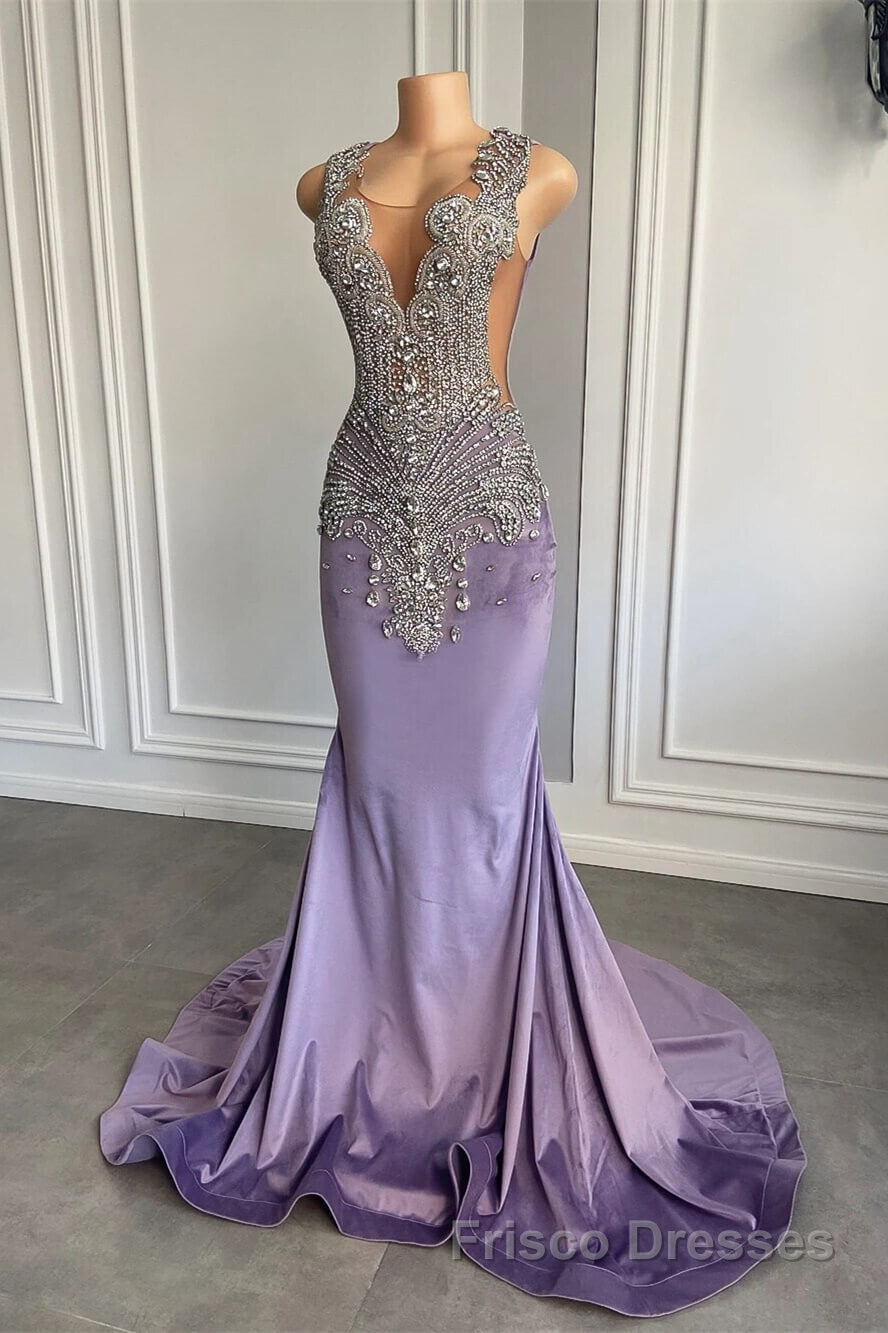 Lilac Mermaid Formal Prom Dresses with Scoop Neckline Sleeveless and Crystal Beadings Secondary image