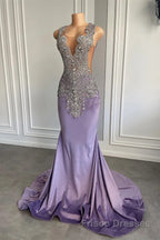 Lilac Mermaid Formal Prom Dresses with Scoop Neckline Sleeveless and Crystal Beadings