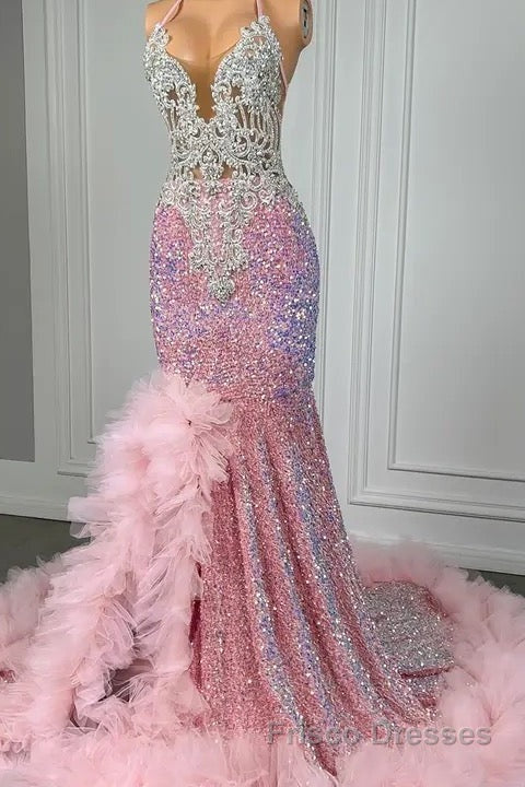 Pink Halter Mermaid Formal Prom Dresses with Sequins Beadings and Tulle Ruffle Secondary image