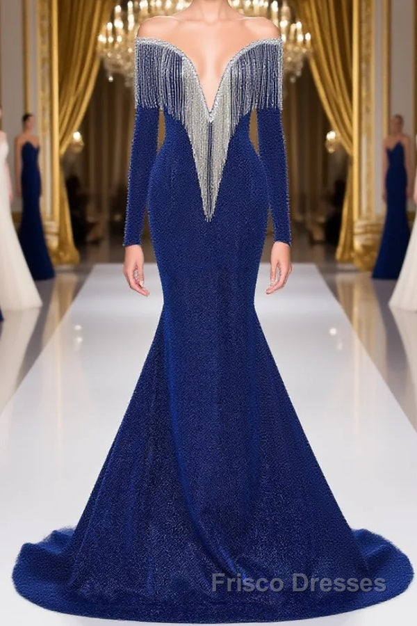 Deep V-neck Shiny Royal Blue Long sleeves Mermaid Formal Prom Dresses