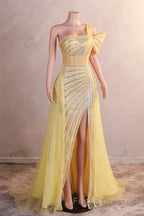 One-Shoulder Beading Sweep Train Backless Evening Dresses