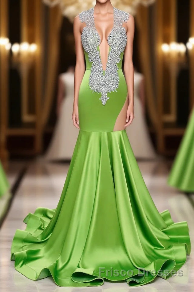 V-Neck Mermaid Brush Train Hollow Sleeveless Beading Evening Dresses Main image