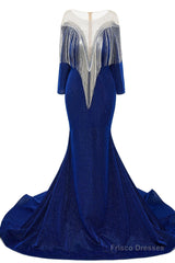 Deep V-neck Shiny Purple Prom Dresses Long sleeves Mermaid Evening Party Dresses