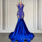 Sleeveless Royal Blue Scoop Neck Mermaid Formal Prom Dresses with Beadings