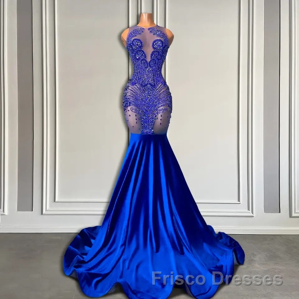 Sleeveless Royal Blue Scoop Neck Mermaid Formal Prom Dresses with Beadings