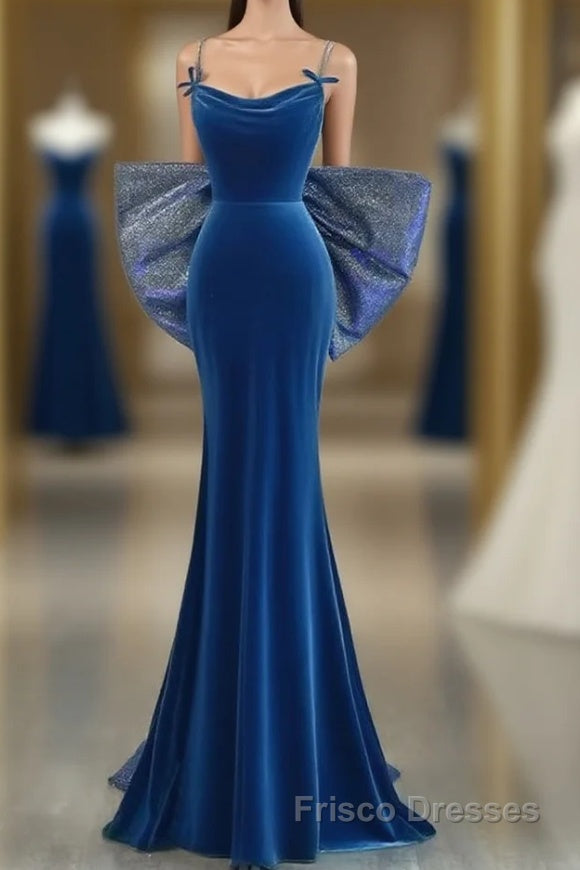Simple Velvet Blue Mermaid Long Formal Prom Dresses, Backless Velvet Blue Evening Dresses