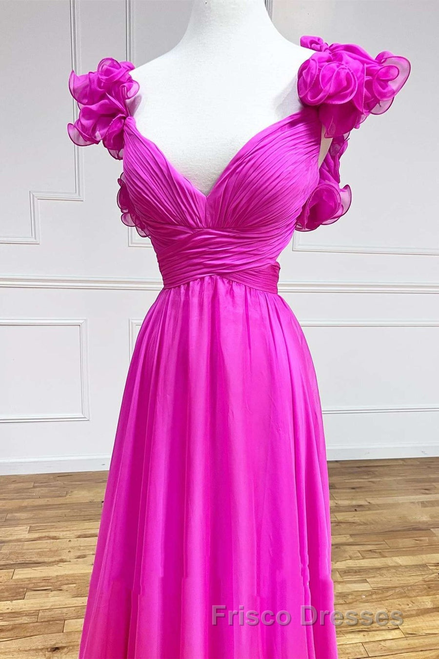 Lace-Up Fuchsia V-Neck Ruffle Pleated Long Formal Prom Dress