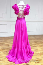 Lace-Up Fuchsia V-Neck Ruffle Pleated Long Formal Prom Dress