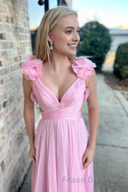 Lace-Up Fuchsia V-Neck Ruffle Pleated Long Formal Prom Dress