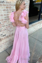 Lace-Up Fuchsia V-Neck Ruffle Pleated Long Formal Prom Dress