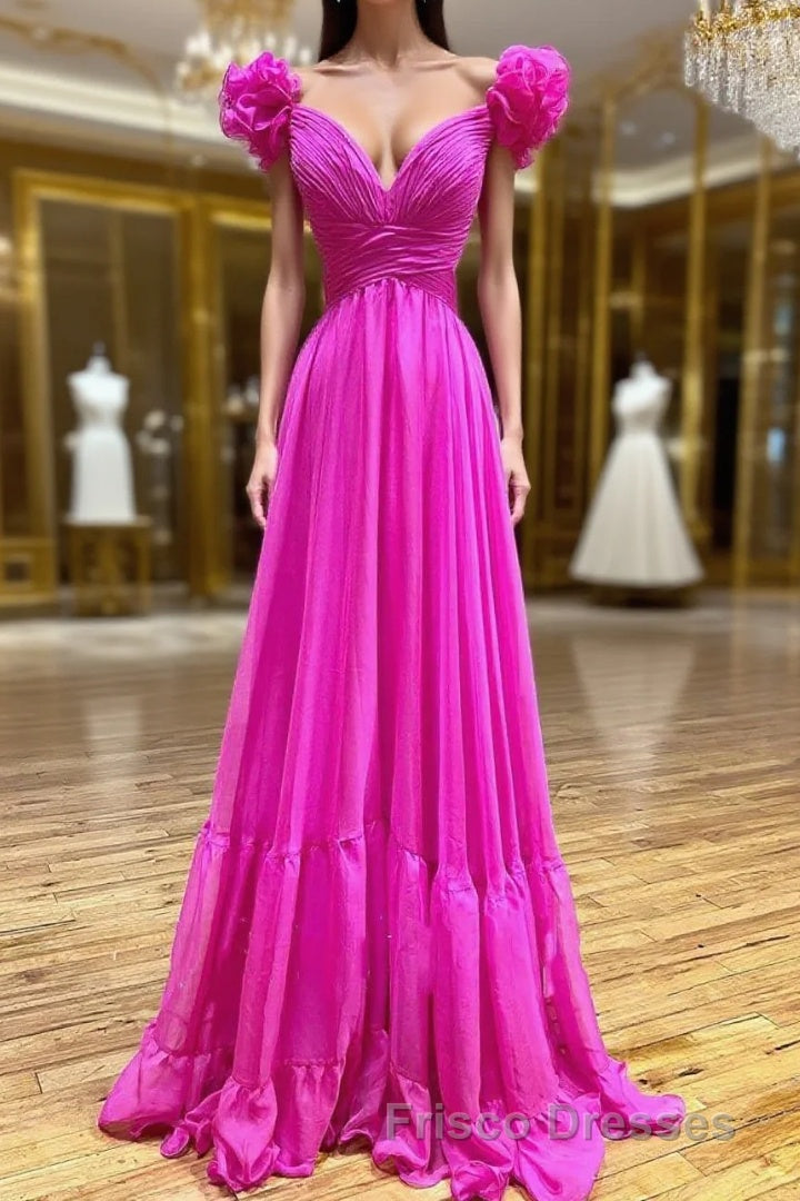 Lace-Up Fuchsia V-Neck Ruffle Pleated Long Formal Prom Dress Main image
