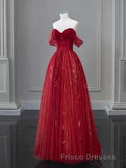 A-Line Off Shoulder Tulle Lace Dark Blue Long Formal Prom Dress, Dark Blue Long Evening Dress