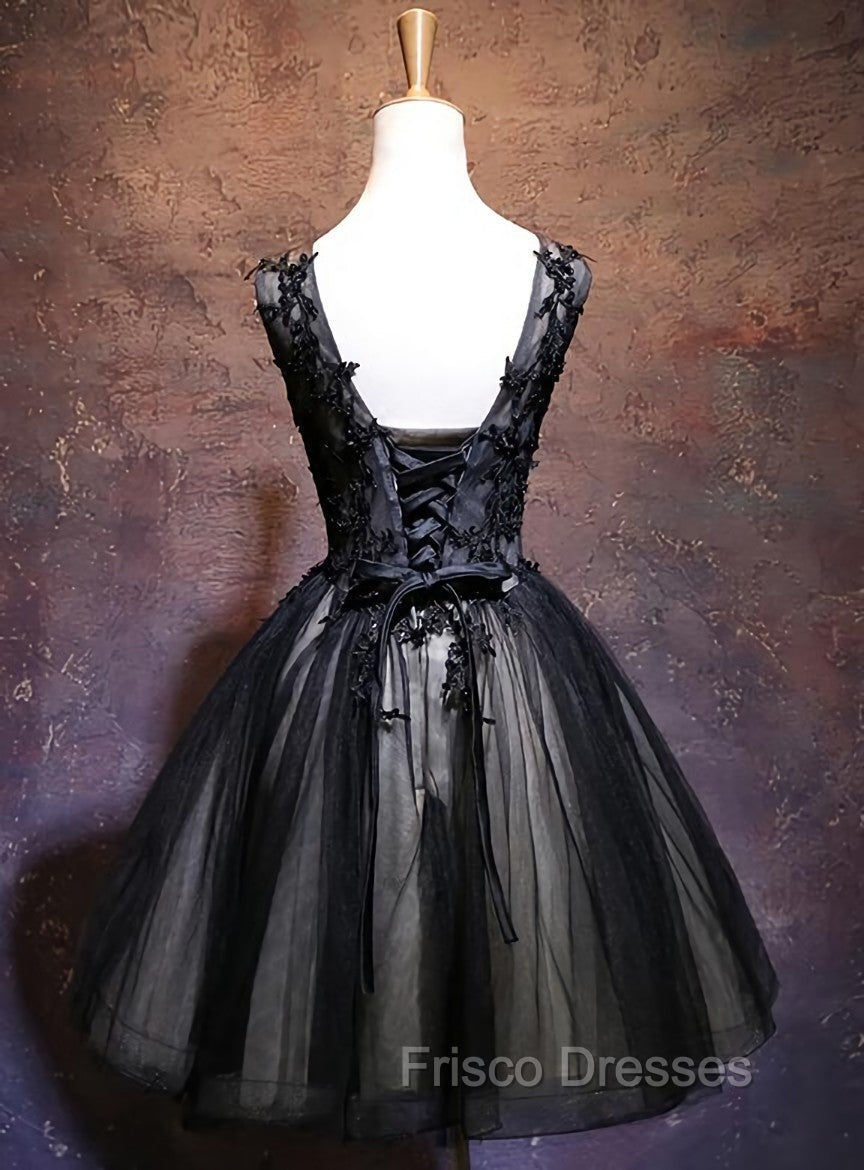Adorable Black V-neckline Lace and Tulle Party Dress, Short Formal Prom Dress