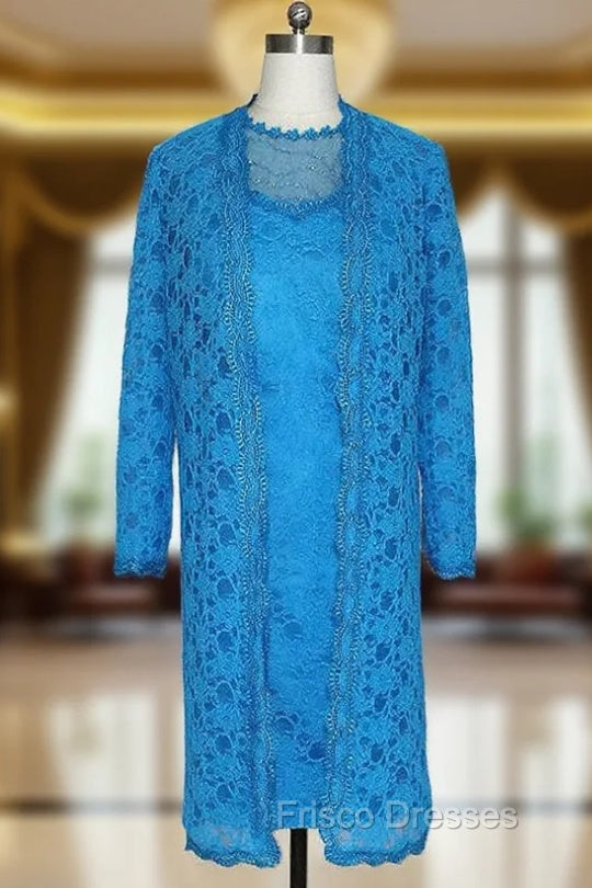 Adorable Blue Lace Knee Length Mother of the Bride Dress Sheer with 3/4 Sleeves Long Jacket