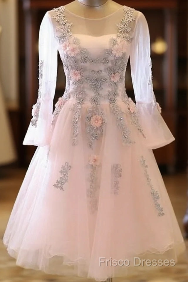 Adorable Pink Tulle Knee Length Long Sleeves Party Dress, Pink Homecoming Dress Main image
