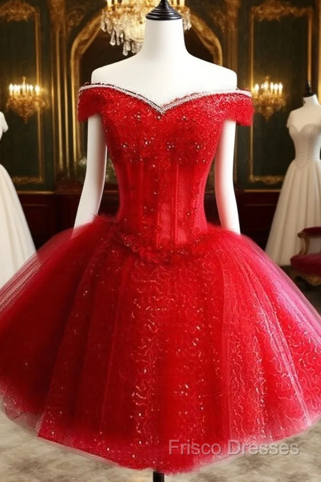 Adorable Red Sweetheart Shiny Tulle Off Shoulder Short Homecoming Dress, Red Party Dress Main image
