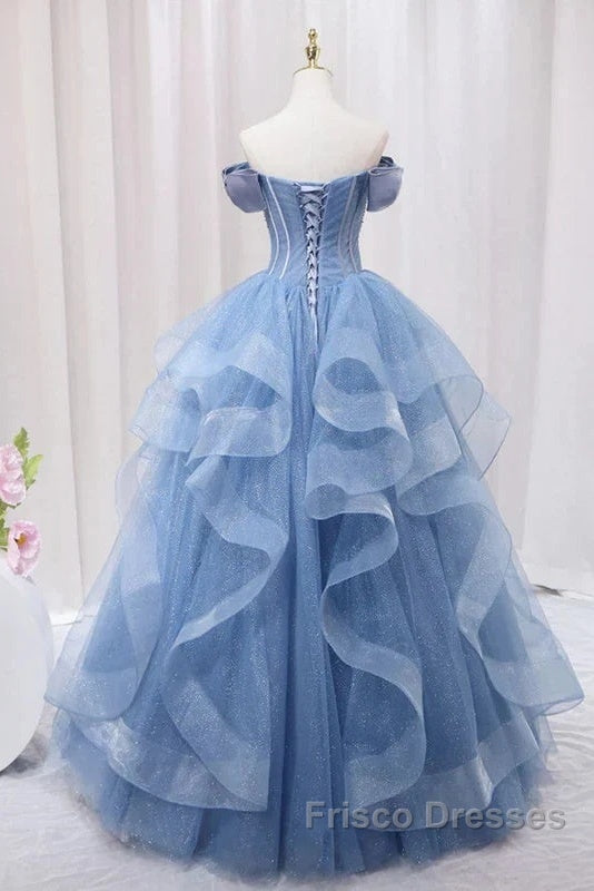 Adult Dress A-Line Blue Sheer Long Ball Dress Blue Sweet Dress Off Shoulder Formal Prom Dress