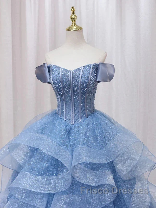 Adult Dress A-Line Blue Sheer Long Ball Dress Blue Sweet Dress Off Shoulder Formal Prom Dress