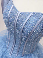 Adult Dress A-Line Blue Sheer Long Ball Dress Blue Sweet Dress Off Shoulder Formal Prom Dress