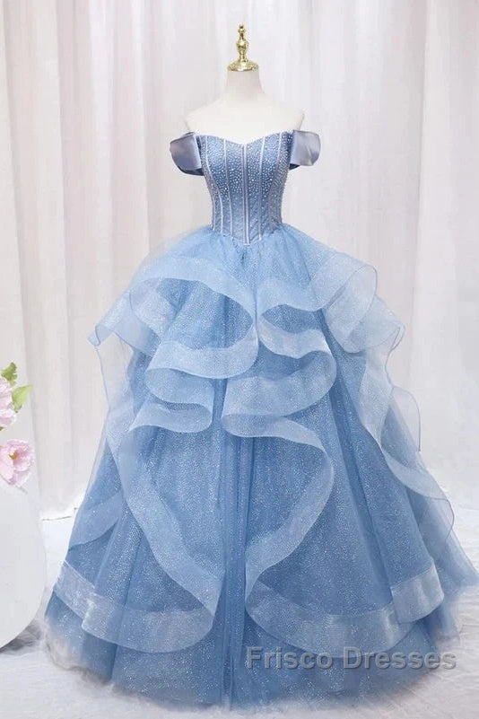 Adult Dress A-Line Blue Sheer Long Ball Dress Blue Sweet Dress Off Shoulder Formal Prom Dress