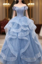 Adult Dress A-Line Blue Sheer Long Ball Dress Blue Sweet Dress Off Shoulder Formal Prom Dress