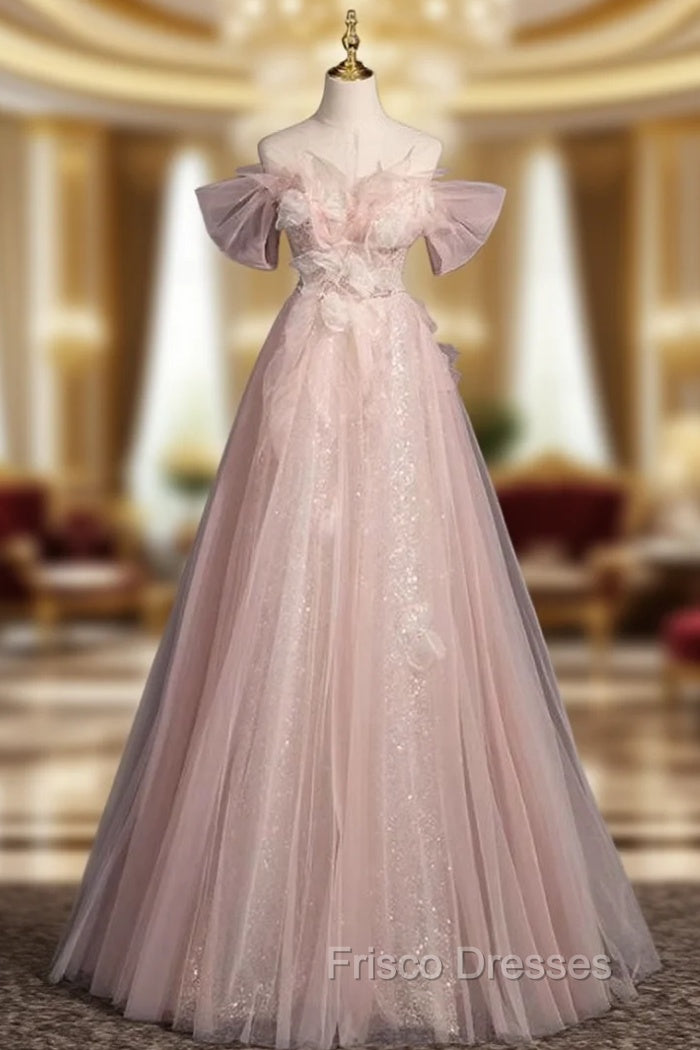 Advanced Pink Tulle Sequins Off the Shoulder Formal Prom Dress