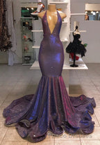 Chic Deep V-Neck Sleeveless Formal Prom Dress New Arrival Halter Memaiad Sequins Evening Gowns