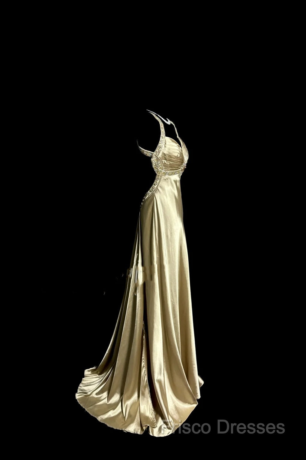 Aesthetic A Line Halter Neckline Champagne Satin Formal Prom Dress Ruffle Long Party Dress Secondary image