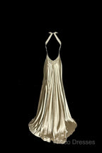 Aesthetic A Line Halter Neckline Champagne Satin Formal Prom Dress Ruffle Long Party Dress